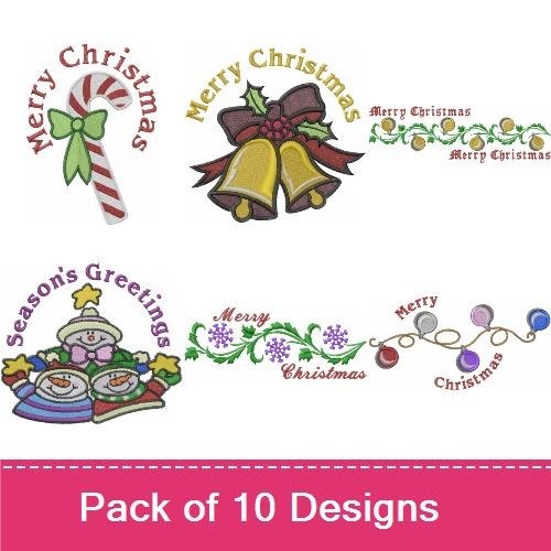 Christmas Embroidery Designs Bundle – Candy Cane with Bow, Christmas Bell, Merry Christmas Text & More (6 Designs)