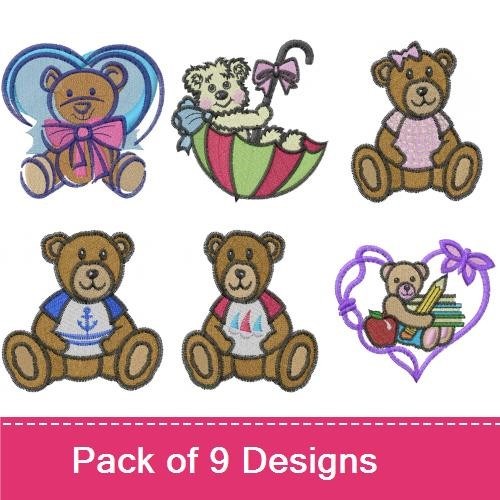 Cute Teddy Bears Embroidery Designs Bundle – Teddy Bear with Bow, Teddy Bear with Umbrella, & More (9 Designs)