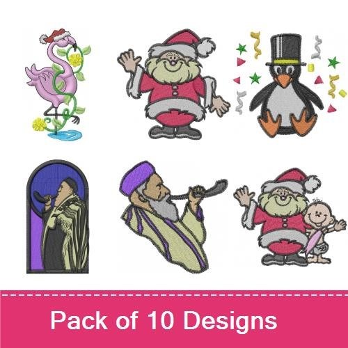 Holiday and Winter Fun Embroidery Bundle – Man Playing Shofar, Penguin with Santa Hat, Santa Claus with Gift & More (9 Designs)