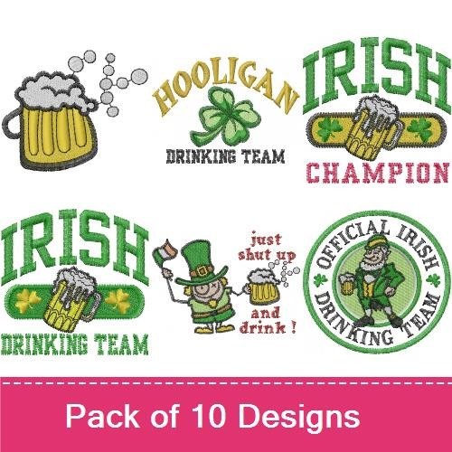 Irish Drinking Theme Embroidery Designs Bundle – Leprechaun with Mug, Beer Mug with Foam, Shut Up and Drink & More (8 Designs)