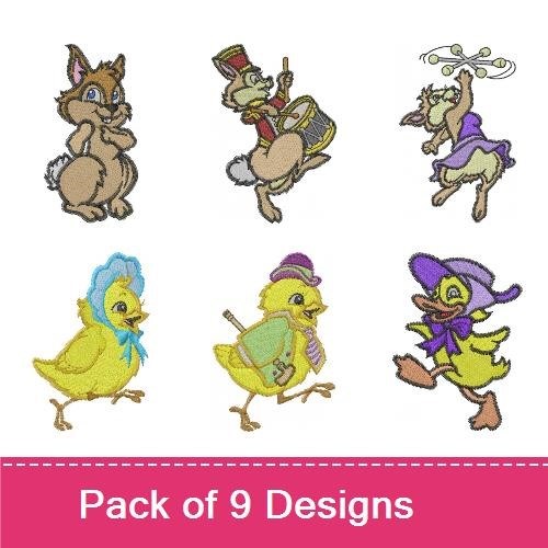 Springtime Animal Characters Embroidery Designs Bundle – Rabbit with Baton, Chick with Hat, Bunny with Flower & More (8 Designs)