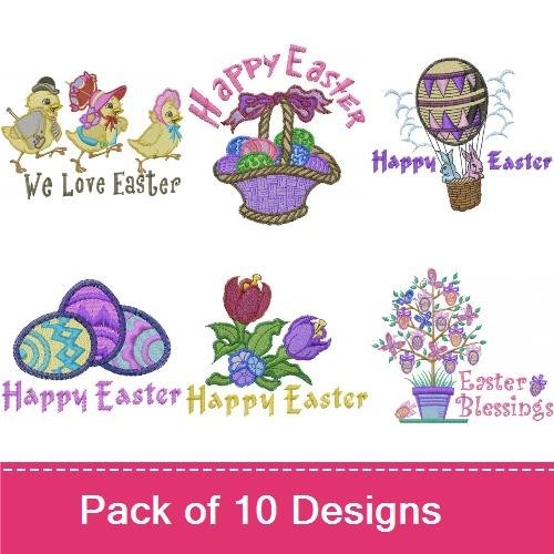Easter-themed Embroidery Designs Bundle – Happy Easter Basket, Easter Bunny, Chick with Eggs & More (8 Designs)