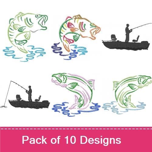Fishing Adventure Embroidery Designs Bundle – Leaping Fish, Fishing Boat, Aquatic Thrill & More (9 Designs)