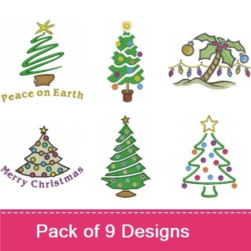 Holiday Trees Embroidery Designs Bundle – Decorated Christmas Tree, Tree with Ornaments, Spiral Christmas Tree & More (7 Designs)