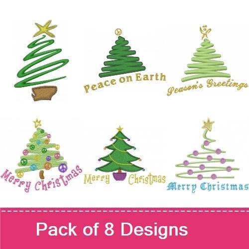 Modern Christmas Tree Embroidery Bundle – Stylized Tree with Gifts, Peace on Earth Tree, Merry Christmas & More (6 Designs)
