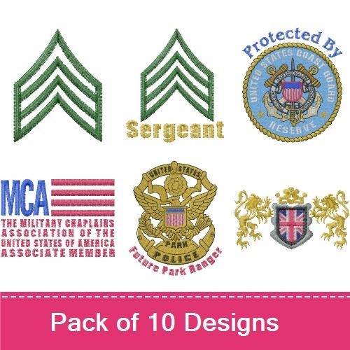 Military and Service Patches Embroidery Designs Bundle – Military Badge, Sergeant Patch, Protected By Shield & More (9 Designs)