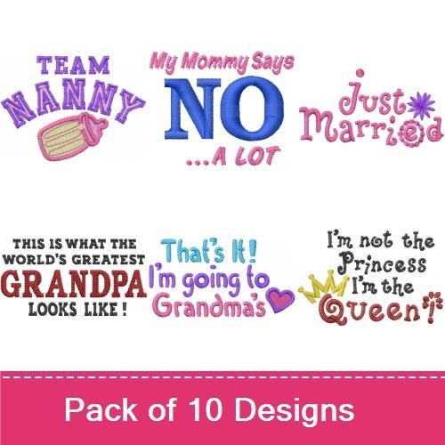 Family Fun Sayings Embroidery Designs Bundle – Team Nanny, Just Married, Grandma's Little Helper & More (10 Designs)