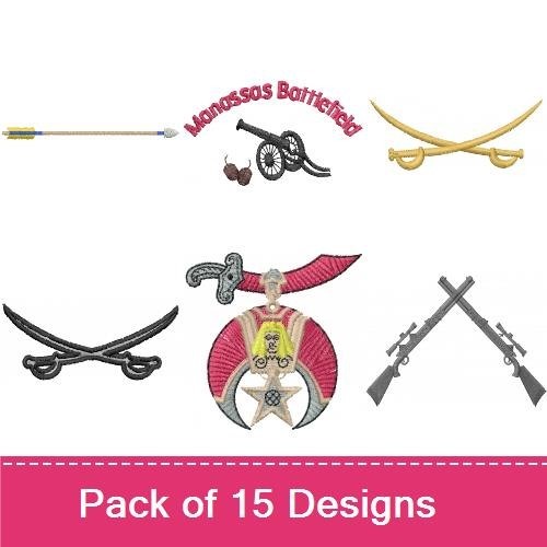 Military Weapons & Tanks Embroidery Designs Bundle – Cannon, Cannon Balls, Sword, Arrow & More (15 Designs)
