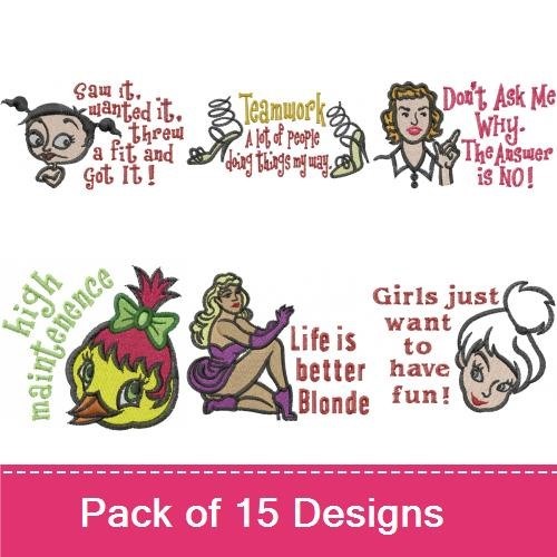Sassy Quotes and Characters Embroidery Designs Bundle – Pretty in Pink, High Maintenance, Sassy Attitude & More (14 Designs)