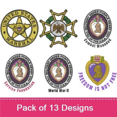 Military Honor Embroidery Bundle – Purple Heart Badge, Combat Wounded Emblem, Junior United States Marshal Badge & More (11 Designs)
