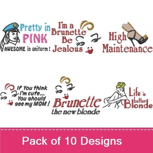 Sassy Attitude Embroidery Designs Bundle – Pretty in Pink, High Maintenance, Flirty by Nature & More (8 Designs)