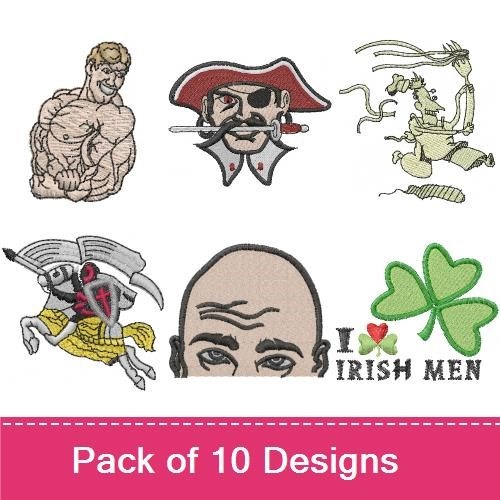 Men's Fun & Fierce Embroidery Designs Bundle – Muscle Man, Pirate Captain, Dragon & More (8 Designs)