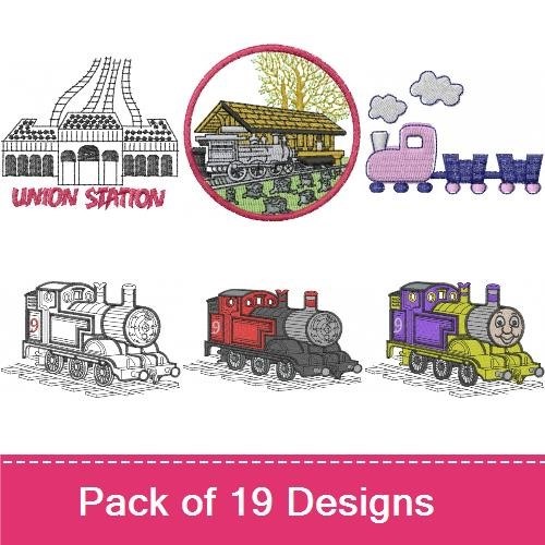 Vintage Train Embroidery Designs Bundle – Steam Locomotive, Train Conductor, Union Station & More (19 Designs)