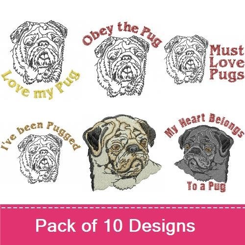 Pug Embroidery Bundle – Love, Obey, and Heart Designs (10 Designs)
