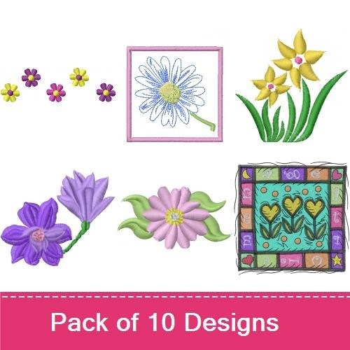 Spring Floral Embroidery Designs Bundle – Purple Flower, Red and Green Floral Bouquet, Daffodil & More (9 Designs)