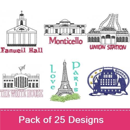 Historic Landmark Buildings Embroidery Designs Bundle – Appomattox Courthouse, Faneuil Hall, Empire State Building & More (25 Designs)