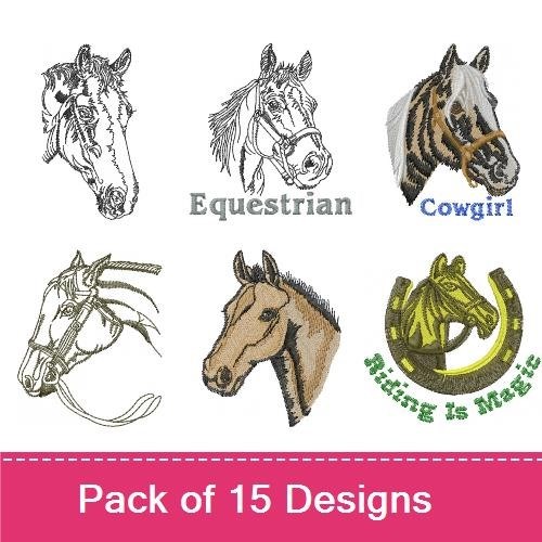 Equestrian Horse Heads Embroidery Designs Bundle – Cowgirl Horse Head, Horse with Carrots, Ponies Rule & More (12 Designs)