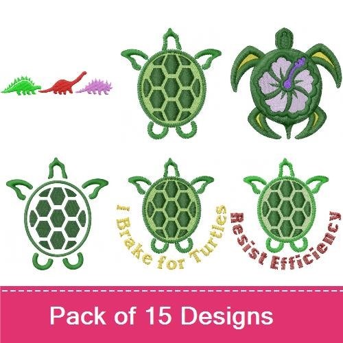 Dinosaurs & Turtles Embroidery Designs Bundle – Dinosaur with Flower, Turtle Design, Funny Turtle Saying & More (14 Designs)