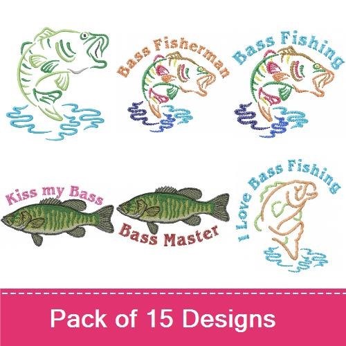 Bass Fishing Embroidery Designs Bundle – Kiss My Bass, I Love Bass Fishing, Bass Silhouette & More (15 Designs)