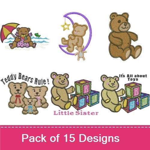 Cute Teddy Bears Embroidery Designs Bundle – Teddy Bear with ABC Blocks, Need a Bear Hug, Teddy Bear Holding Heart & More (11 Designs)