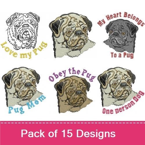 Pug Embroidery Bundle – Love, Obey & More (15 Designs)
