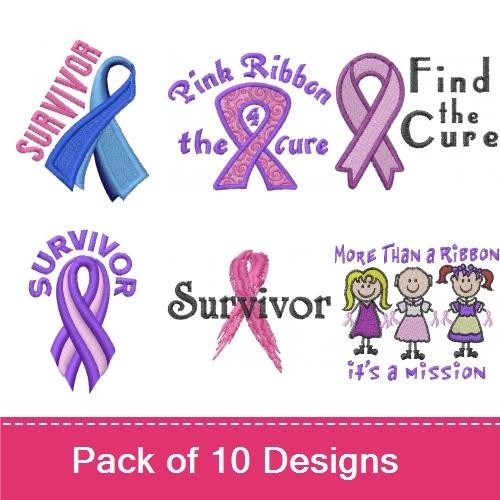 Cancer Awareness Embroidery Designs Bundle – Cancer Awareness Ribbon, Survivor, Find the Cure Ribbon & More (10 Designs)