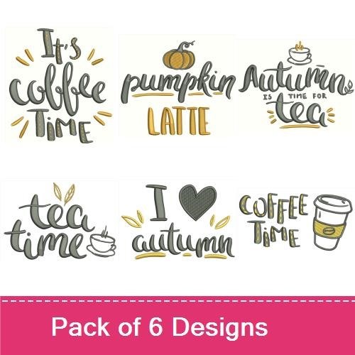 Autumn Coffee & Tea Embroidery Designs Bundle – It's Coffee Time, Pumpkin Latte, I Love Autumn & More (6 Designs)