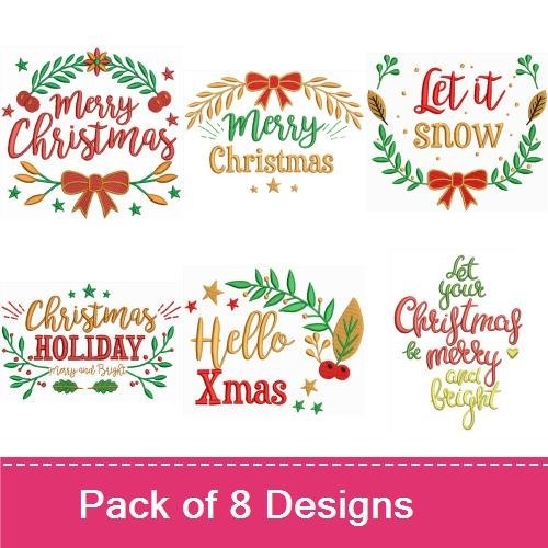 Christmas Sentiments Embroidery Designs Bundle – Merry Christmas Wreath, Let It Snow, Warm Wishes & More (8 Designs)