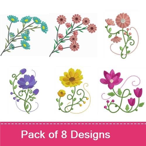 Colorful Floral Embroidery Designs Bundle – Blue Daisy Bouquet, Pink Floral Branch, Red Flower & More (8 Designs)