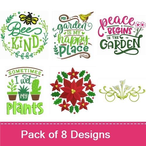 Garden & Nature Embroidery Designs Bundle – My Garden is My Happy Place, Bee Kind, Life is Better in the Garden & More (8 Designs)