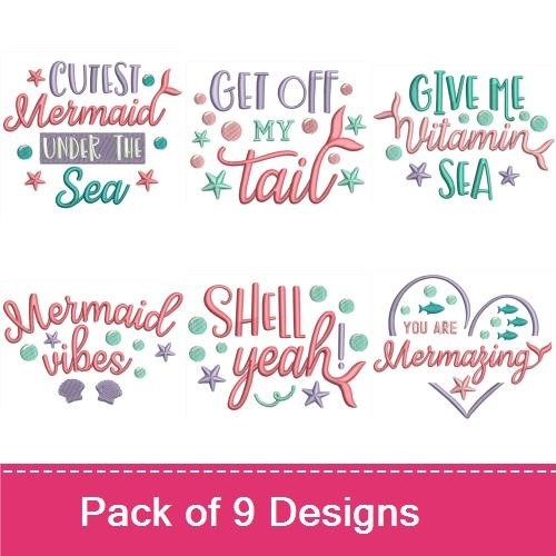 Mermaid Quotes Embroidery Designs Bundle – Cutest Mermaid Under the Sea, Get Off My Tail, & More (9 Designs)
