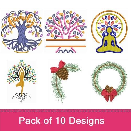 Whimsical Trees and Nature Embroidery Designs Bundle – Family Tree, Colorful Tree, Holiday Bell & More (10 Designs)