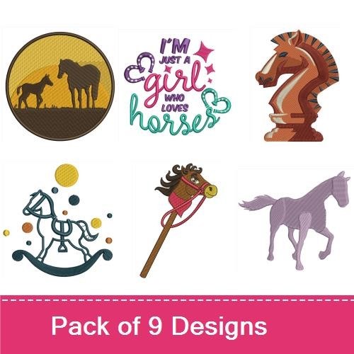 Horse-Themed Embroidery Designs Bundle – I'm Just a Girl Who Loves Horses, Brown Horse Silhouette & More (9 Designs)