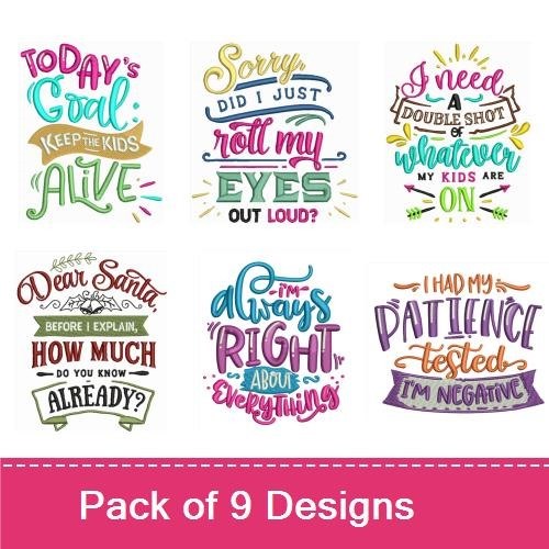Funny Parenting Quotes Embroidery Designs Bundle – Today's Goal: Keep the Kids Alive, Nap time is my happy hour, & More (9 Designs)