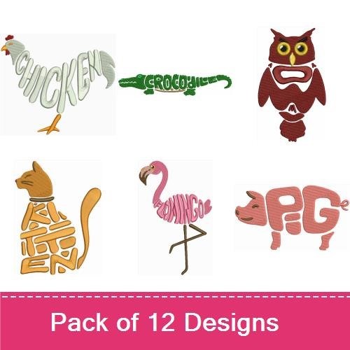 Animal Word Art Embroidery Bundle – Chicken, Cat, Dog, Flamingo & More (12 Designs)