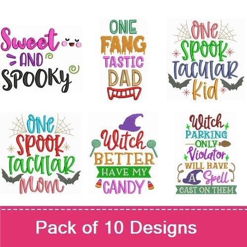 Halloween Themed Fun Embroidery Designs Bundle – No Tricks Just Treats, Pirate Skull, Witch Parking Only & More (10 Designs)