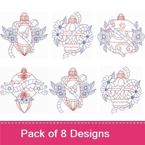 Redwork Vintage Christmas Ornament Embroidery Bundle – Ornaments with Ribbons, Flowers, Bows & More (8 Designs)