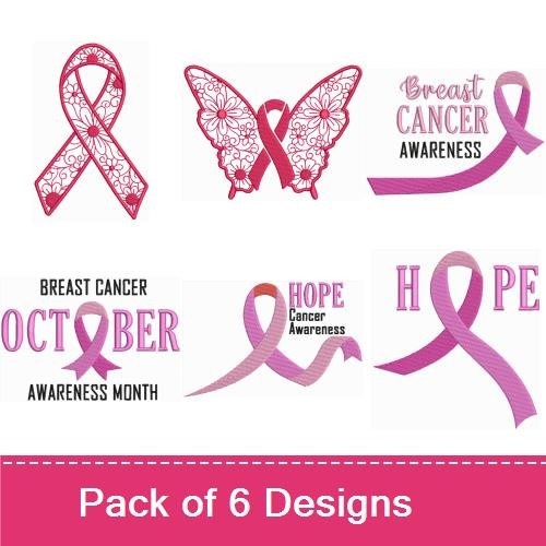 Breast Cancer Awareness Embroidery Designs Bundle – Lace Ribbon, Butterfly with Ribbon, Hope & More (6 Designs)