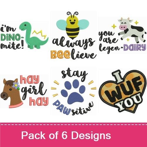 Dinosaur, Bee & Cow Embroidery Bundle – Fun & Cute Sayings (6 Designs)