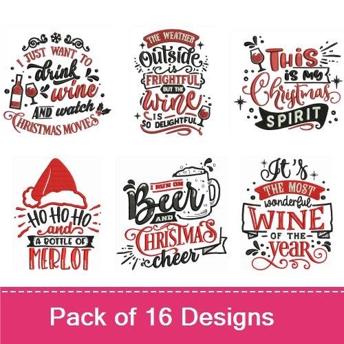 Christmas Wine & Spirits Embroidery Designs Bundle – Cheers to a Merry Christmas, Mommy Needs Her Jingle Juice & More (16 Designs)