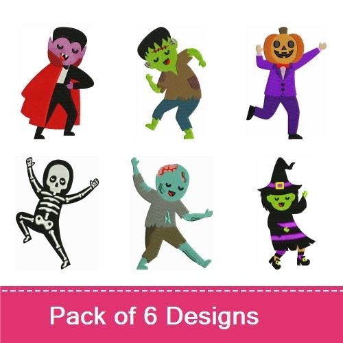Halloween Characters Embroidery Designs Bundle – Vampire, Frankenstein Monster, Pumpkin Boy & More (6 Designs)