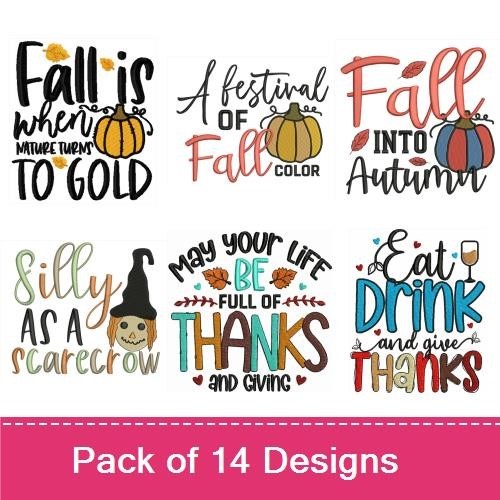 Fall and Thanksgiving Embroidery Designs Bundle – Fall is when Nature Turns to Gold, A Festival of Fall Color, & More (14 Designs)