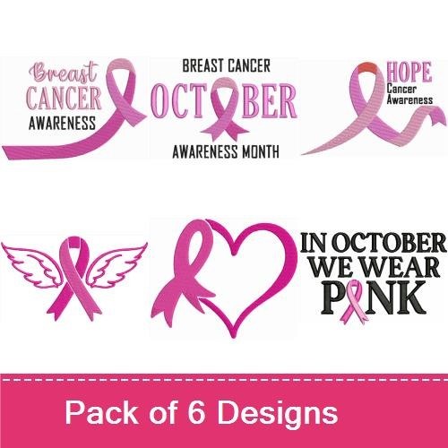 Breast Cancer Awareness Embroidery Designs Bundle – Ribbon, Heart with Ribbon, Angel Wings & More (6 Designs)