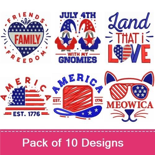 Patriotic Americana Embroidery Designs Bundle – Happy 4th of July, Friends Family Freedom, Peace Love America & More (10 Designs)