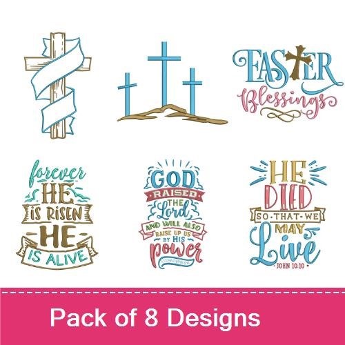 Easter Themed Embroidery Designs Bundle – He is Risen Y'all, Cross with Ribbon, Three Crosses & More (8 Designs)