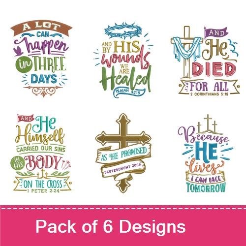 Inspirational Scripture Quotes Embroidery Designs Bundle – He Himself Carried Our Sins, Because He Lives & More (6 Designs)