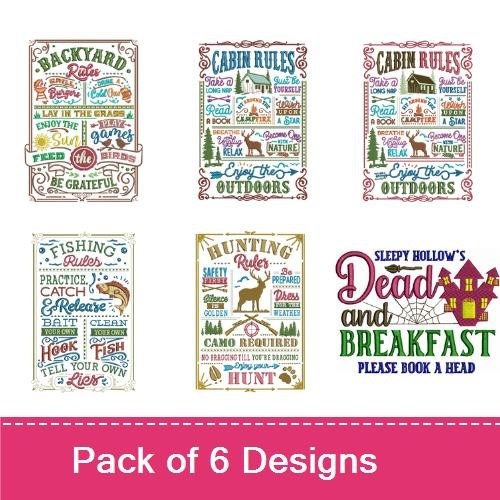 Outdoor & Cabin Rules Embroidery Designs Bundle – Cabin Rules Sign, Fishing Rules Sign, Hiking Rules Sign & More (6 Designs)