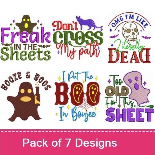 Halloween Sayings & Ghost Embroidery Designs Bundle – Freak in the Sheets, Booze & Boos, & More (7 Designs)
