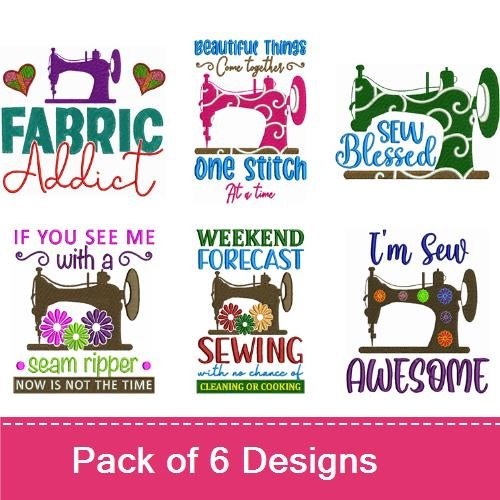 Sewing Quotes Embroidery Designs Bundle – Beautiful Things Come Together, One Stitch At A Time, Fabric Addict & More (6 Designs)