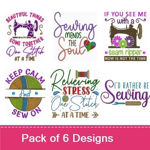 Sewing-Themed Quotes Embroidery Designs Bundle – Sewing Mends the Soul, Keep Calm and Sew On, & More (6 Designs)